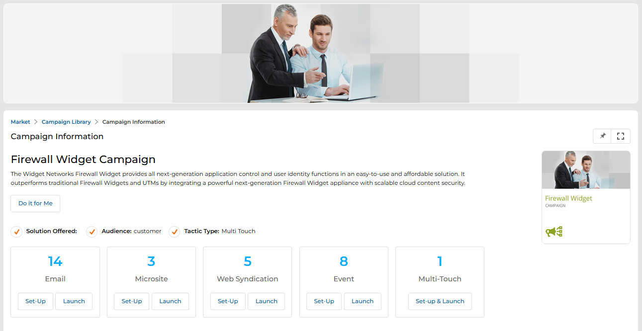 Campaign Information page for Firewall Widget Campaign showing tactic tiles: 14 Email, 3 Microsite, 5 Web Syndication, 8 Event, 1 Multi-Touch — each with Set-Up and Launch buttons