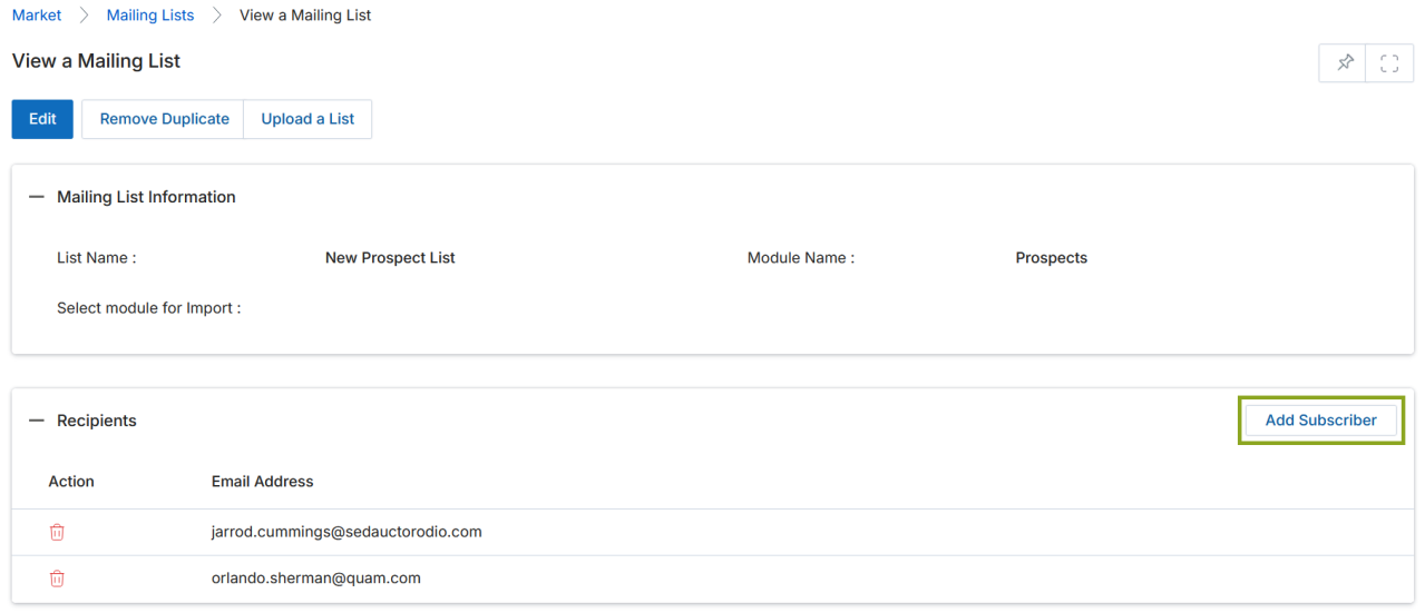 View Imports listing page showing Add, Delete, Send Email, Create View, Filter, Saved Filters, Download Sample Data buttons and a table of imports: New Records (prospects.xlsx, Prospects), NewAcc (accounts.xlsx, Accounts), Prospect Import (prospects.xlsx, Prospects)