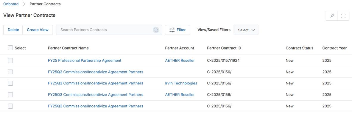 View Partner Contracts — listing with Partner Contract Name, Partner Account, Partner Contract ID, Contract Status, and Contract Year columns
