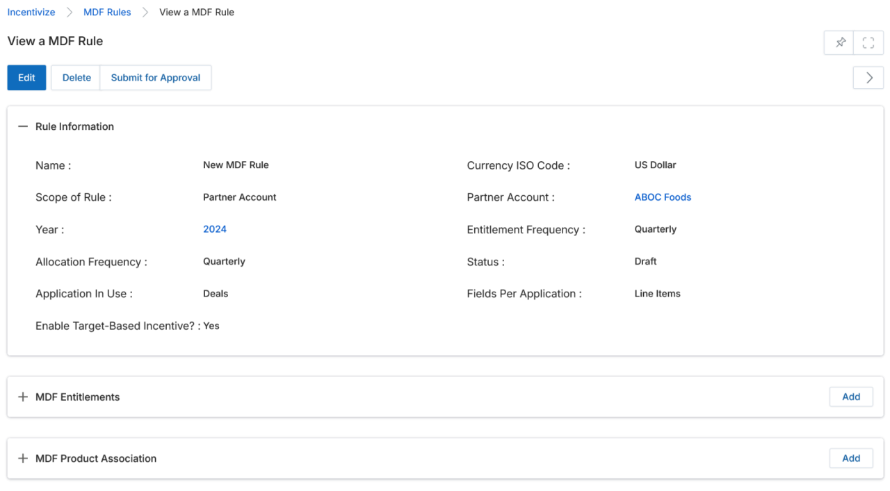 Add/Edit a MDF Entitlement form showing MDF Rule Engine, Entitlement Frequency, Enable Target-Based Incentive, Incentive Structure, Currency ISO Code, Minimum Sales Range, Maximum Sales Range, Entitlement Type, and Incentive fields