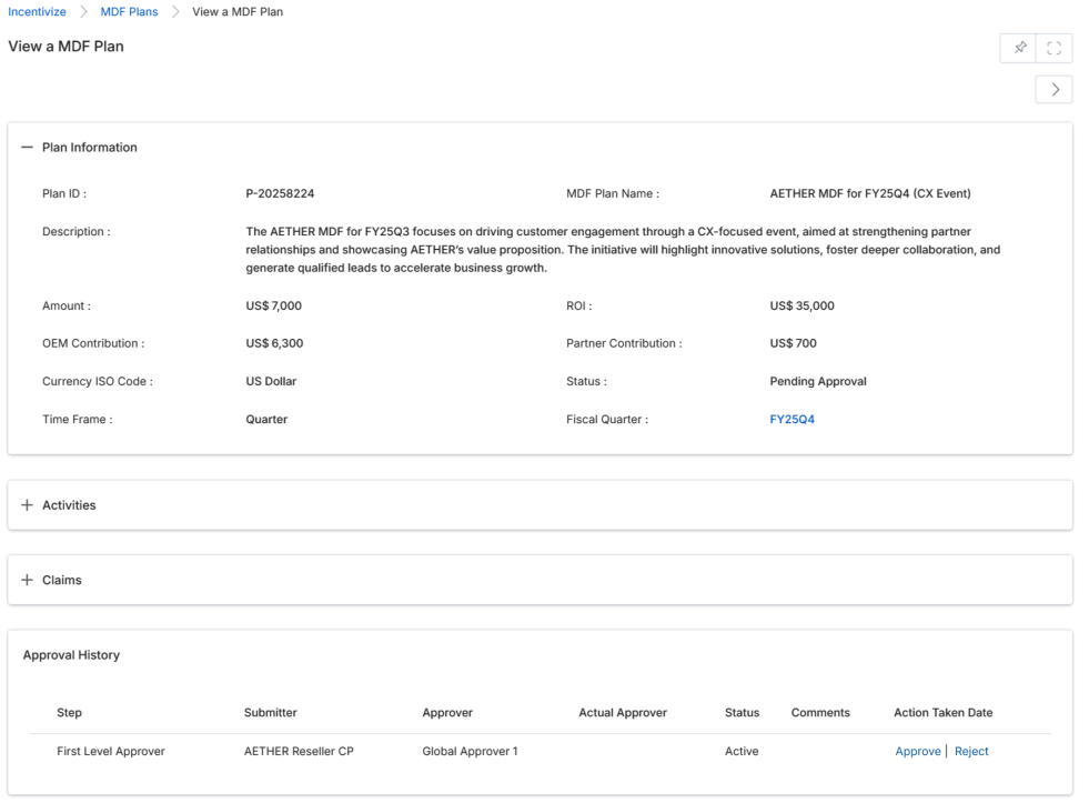 View MDF Activity detail page showing activity information, products, and associated campaigns