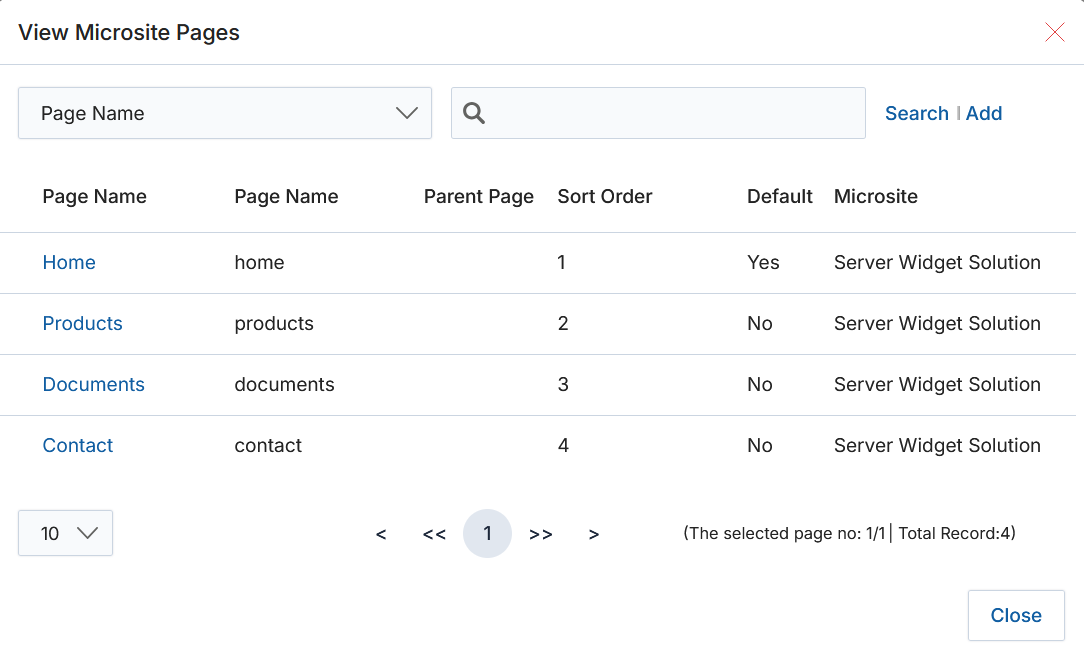 View Microsite Pages popup — select a parent page from Home, Products, Documents, and Contact