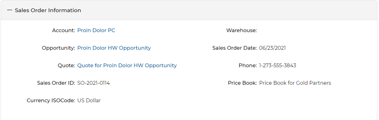 Sales Order Information section showing Account, Warehouse, Opportunity, Sales Order Date, Quote, Phone, Sales Order ID, Price Book, and Currency ISOCode