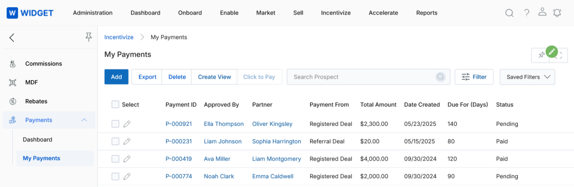 My Payments toolbar showing Add, Export, Delete, Create View, Click to Pay, Search, Filter, and Saved Filters controls
