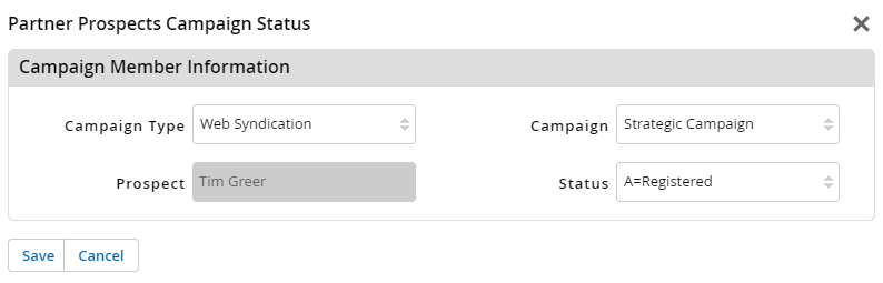 Partner Prospects Campaign Status popup — Campaign Type, Campaign, Prospect, and Status dropdowns