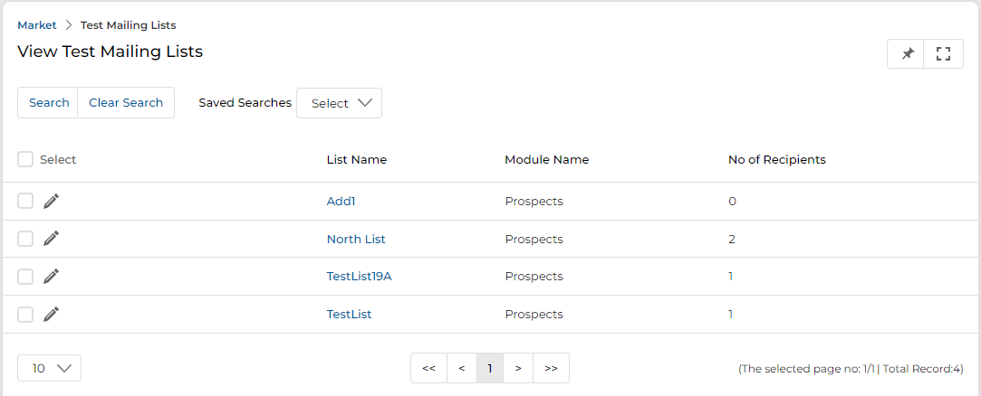 View Mailing Details page for the North List (Module Name: Prospects) showing Remove Duplicate, Edit and Upload a List action buttons; Mailing List Information section; Recipients section with arijit.roy@zinfitech.com and simon.das@zinfitech.com; and Imported List section with Add button