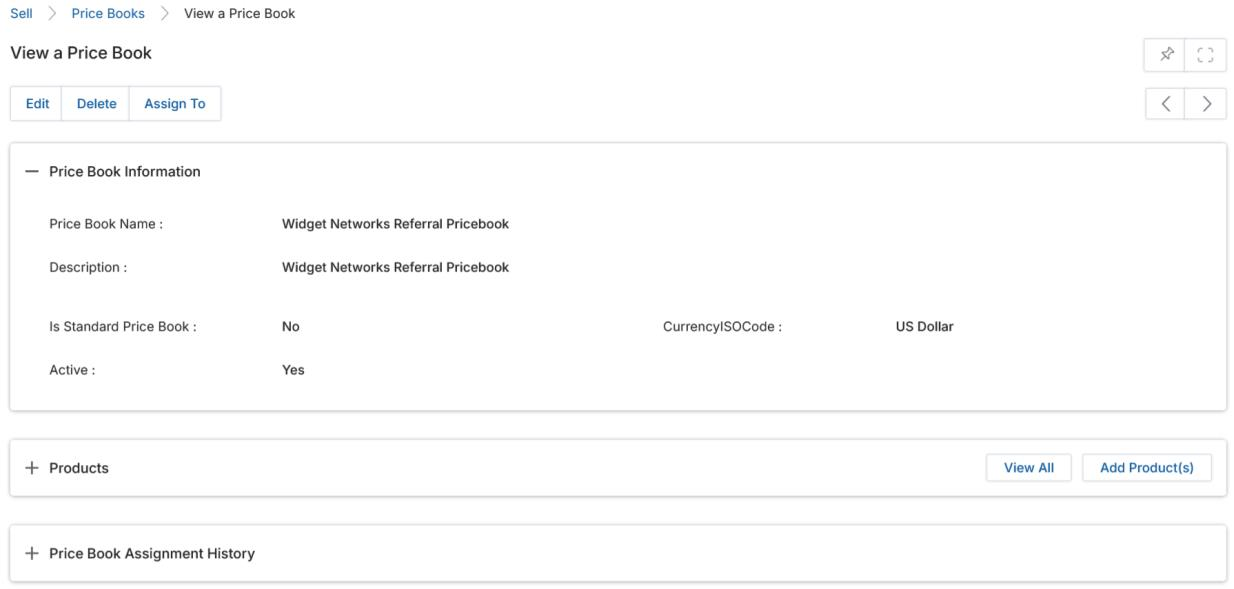 View a Price Book after import — Widget Networks Referral Pricebook detail with Products related list
