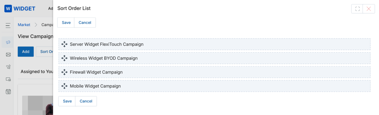 Sort By dropdown expanded showing Sort By, Created On, Modified On, Campaign Name options