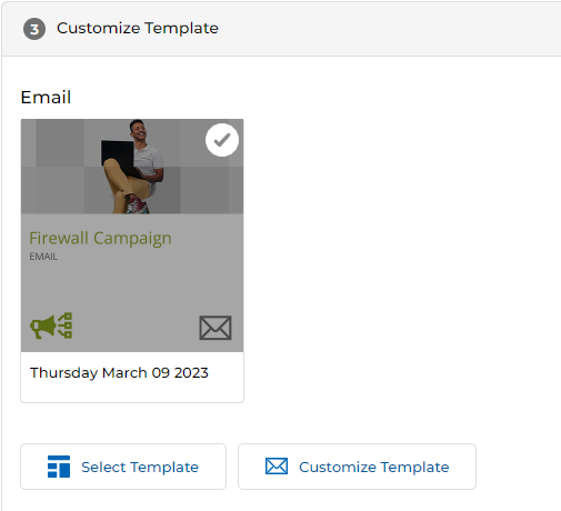 Copy Email Template page with Customize Template panel open on the right showing a rendered email template with a header image, 'Securely Connect Us Remote Sites' heading, body text, Learn More and Contact Us buttons, and footer with social icons
