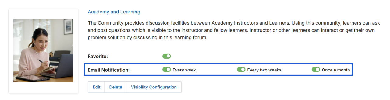 Community Info record card showing Favorite toggle enabled and Email Notification frequency options
