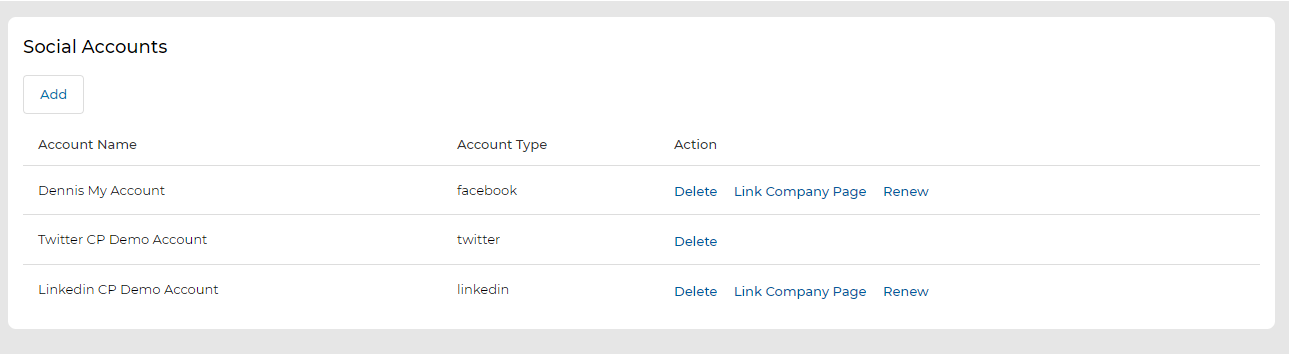 Social Accounts list — Link Company Page action highlighted