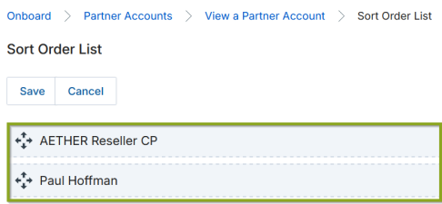 Sort Order List — before rearrangement, AETHER Reseller CP appears first