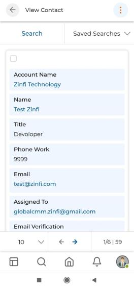 Contacts sub-menu selected and View Contact list showing Account Name, Name, Title, Phone Work, Email, Assigned To, Email Verification