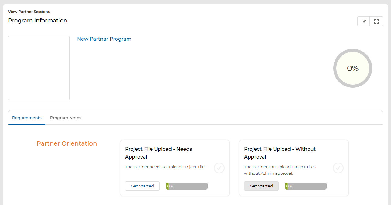 Program Information — New Partner Program at 0%; Partner Orientation level showing two tasks: Project File Upload – Needs Approval and Project File Upload – Without Approval
