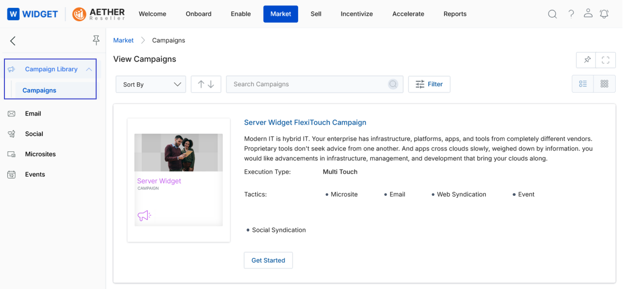 UPM portal showing Market tab selected, Campaign Library expanded in the left nav with Campaigns highlighted, and a Server Widget FlexiTouch Campaign shown in list view with Multi Touch execution type and Get Started button