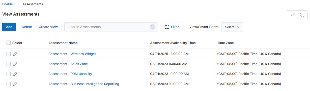 View Assessments listing showing Assessment Name, Assessment Availability Time, and Time Zone columns with four assessment records