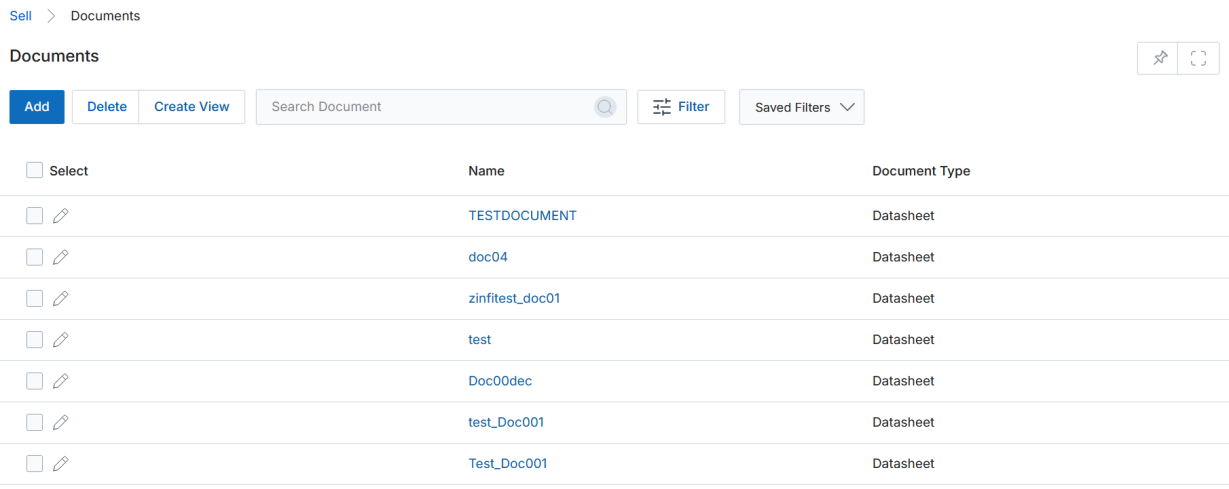 Documents listing — Name column (TESTDOCUMENT, doc04, zinfitest_doc01, test, Doc00dec, test_Doc001, Test_Doc001) and Document Type column (all showing Datasheet); toolbar with Add, Delete, Create View, Search, Filter, Saved Filters