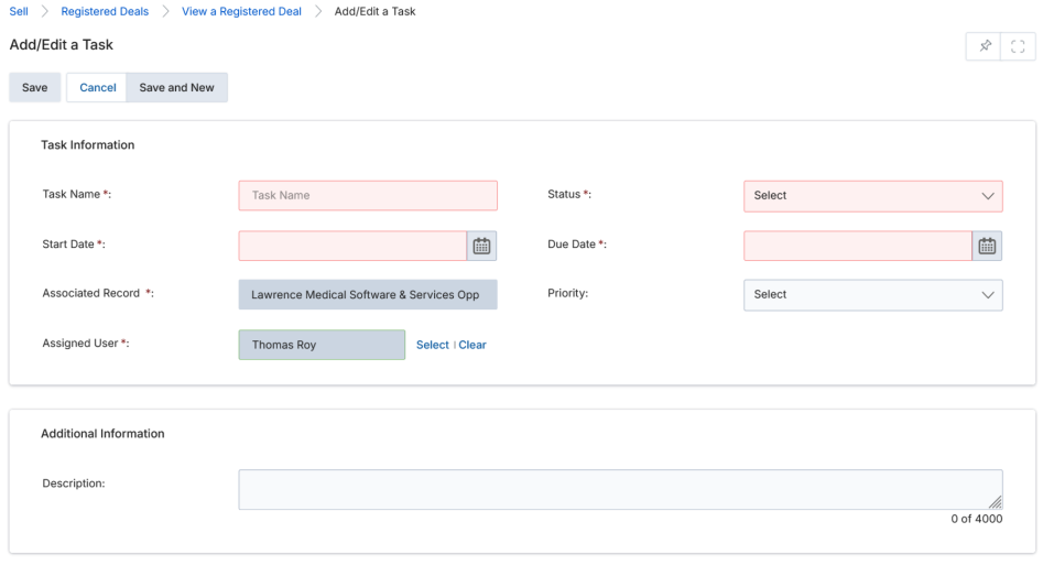 Add/Edit a Task form showing Task Information section with Task Name, Status, Start Date, Due Date, Associated Record, Priority, and Assigned User fields, plus Additional Information section with Description field, and Save, Cancel, Save and New buttons