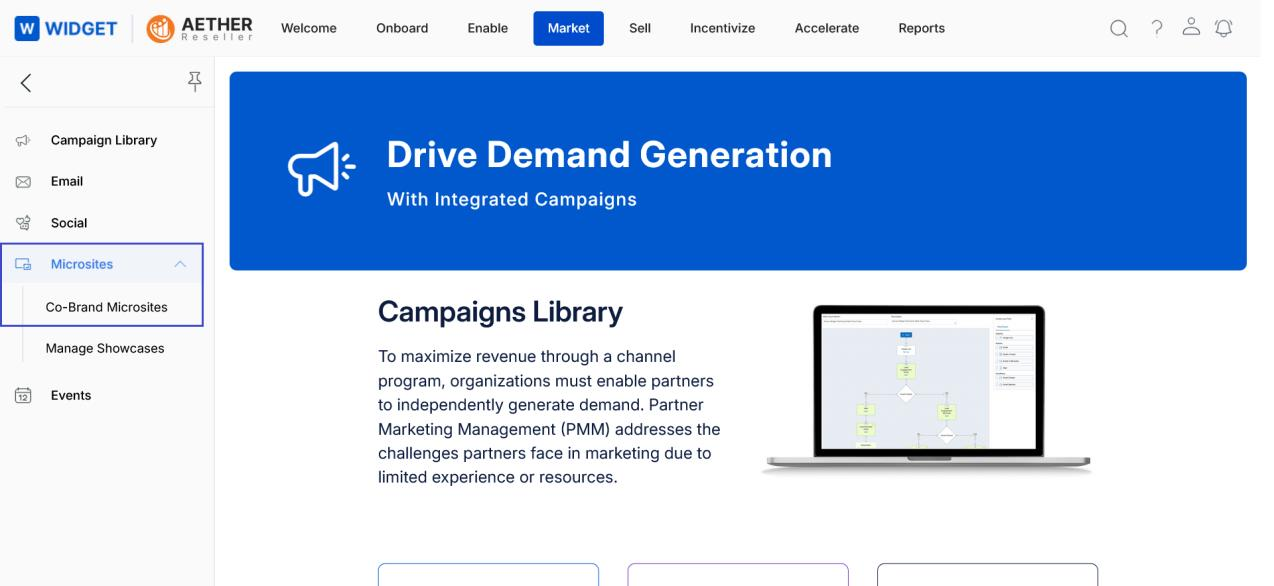 UPM portal showing Market tab selected and Co-Brand Microsites highlighted in the left navigation under Microsites