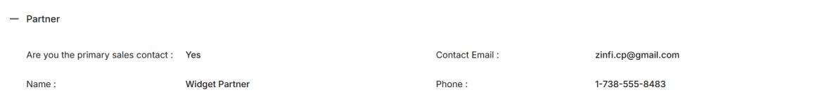Partner section showing Are you the primary sales contact field set to Yes, with Contact Email showing zinfi.cp@gmail.com, Name showing ZINFI CP, and Phone showing 1-910-329-0992