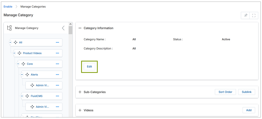 Edit Category form — Category Name, Status, and Description fields