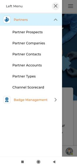 Partners selected from Top Zone menu and Partners sub-menu showing Partner Prospects, Companies, Contacts, Accounts, Types, Channel Scorecard, Badge Management