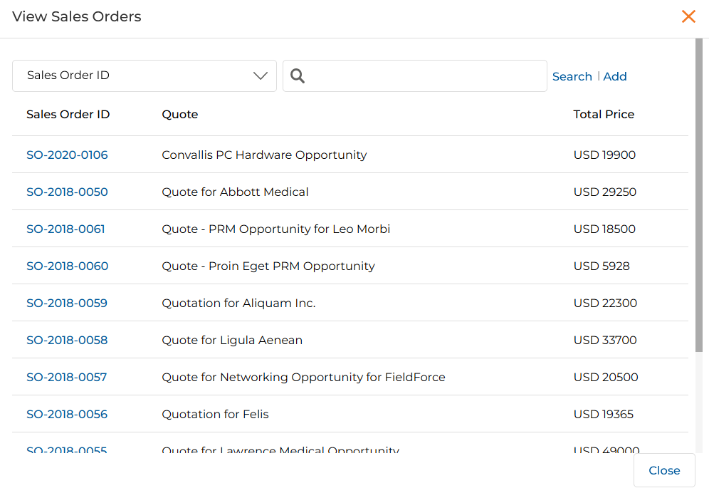 View Sales Orders picker showing Sales Order ID, Quote, and Total Price