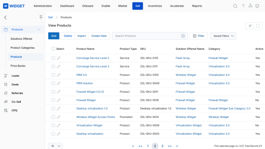 View Products listing — product name, type, SKU, category, and active status