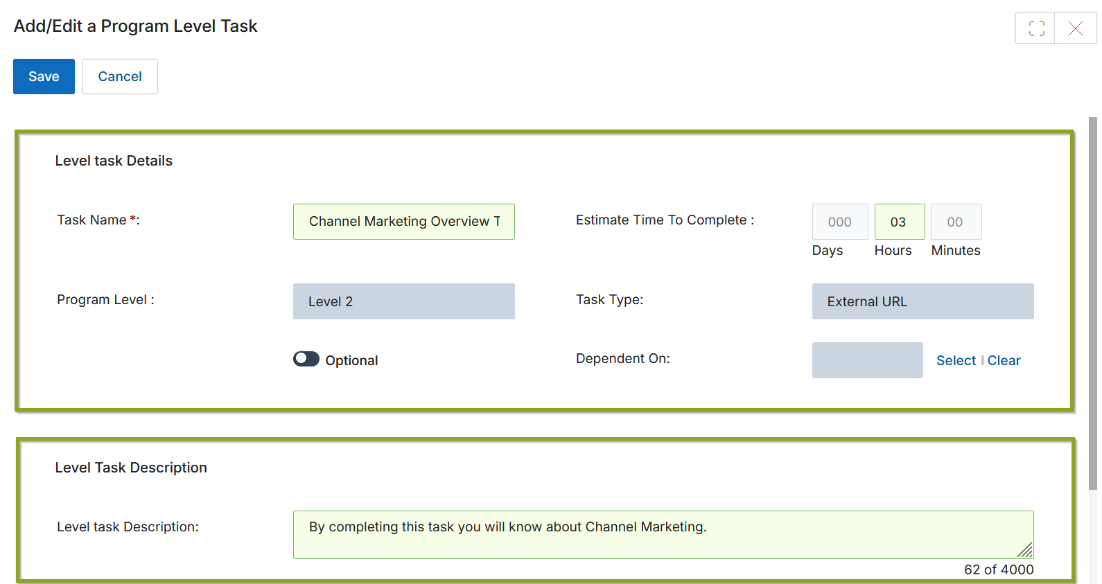 Add/Edit a Program Level Task — task details and description fields