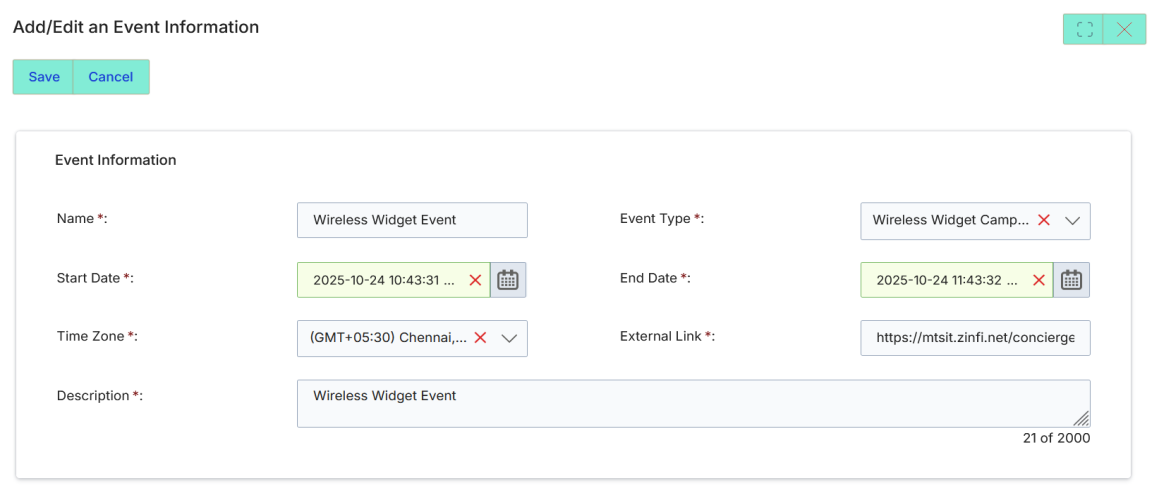 Add/Edit an Event Information form showing Name, Event Type, Start Date, End Date, Time Zone, External Link, and Description fields