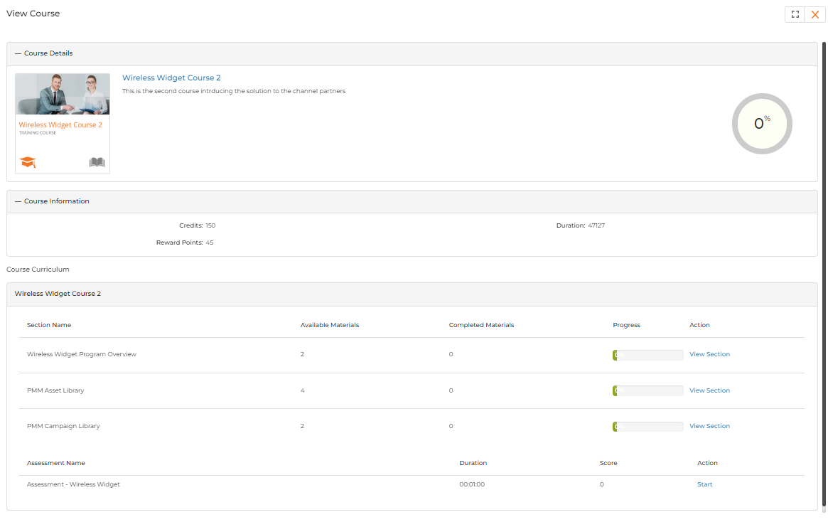 View Course panel showing curriculum with sections and assessments