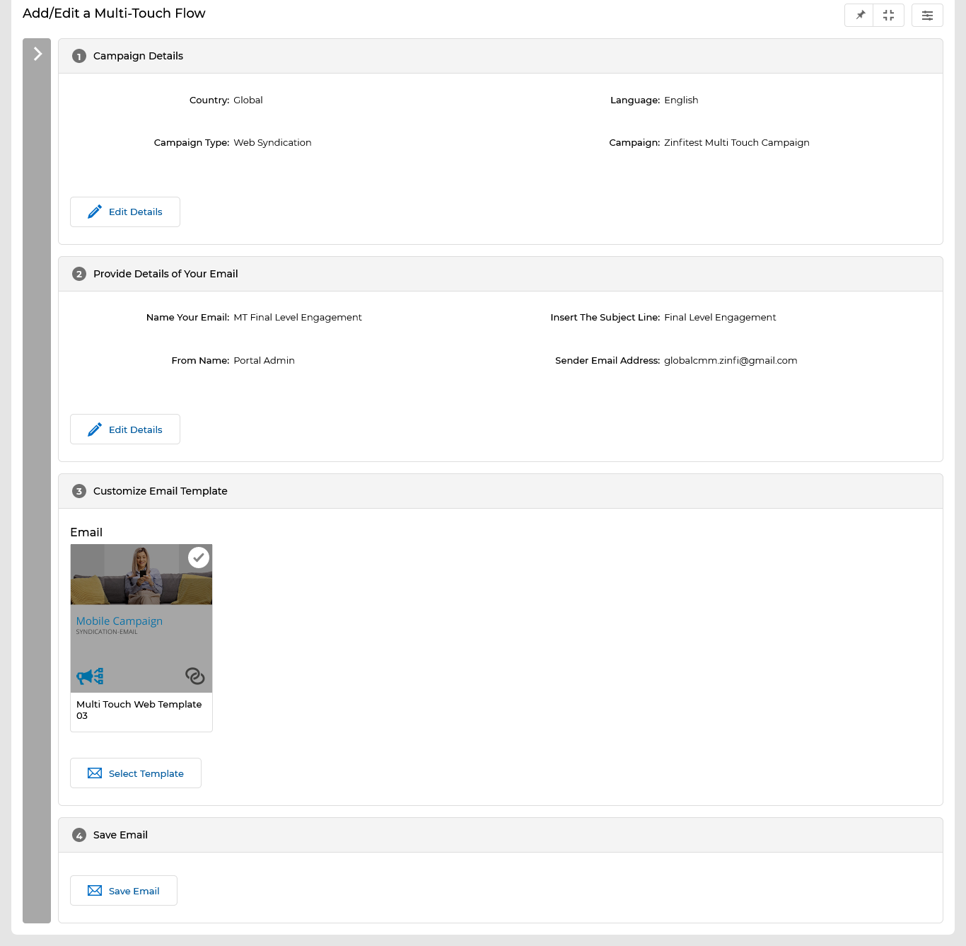 Launch Email Campaign page showing Campaign Details (Campaign Type: Microsite), Provide Email Details, Select Email Template and Microsite section with Select Email Template and Microsite button, and Save step