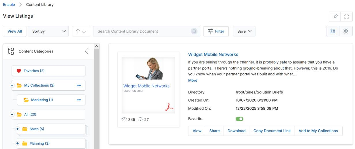 View Listings in List View showing category tree on left and Widget Mobile Networks document with View Share Download buttons