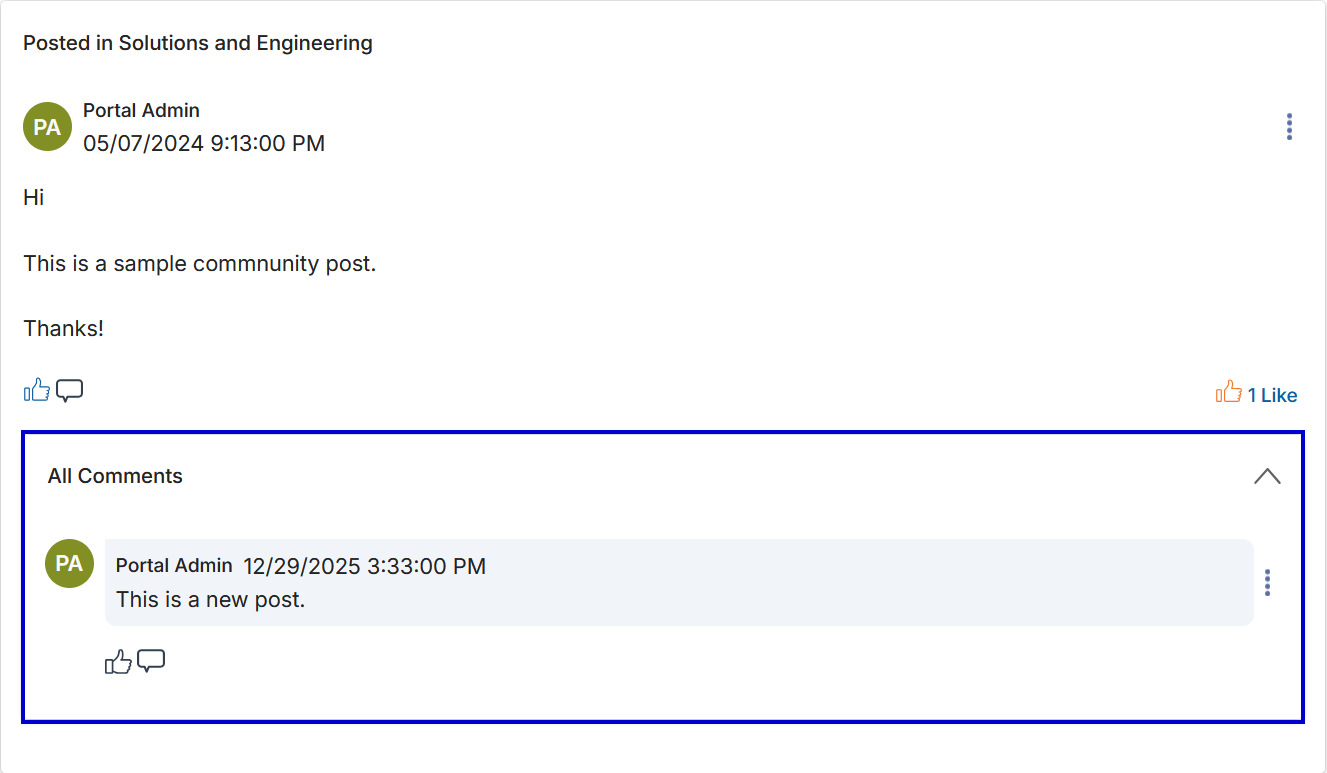 Post card showing a submitted comment appearing inside the All Comments section