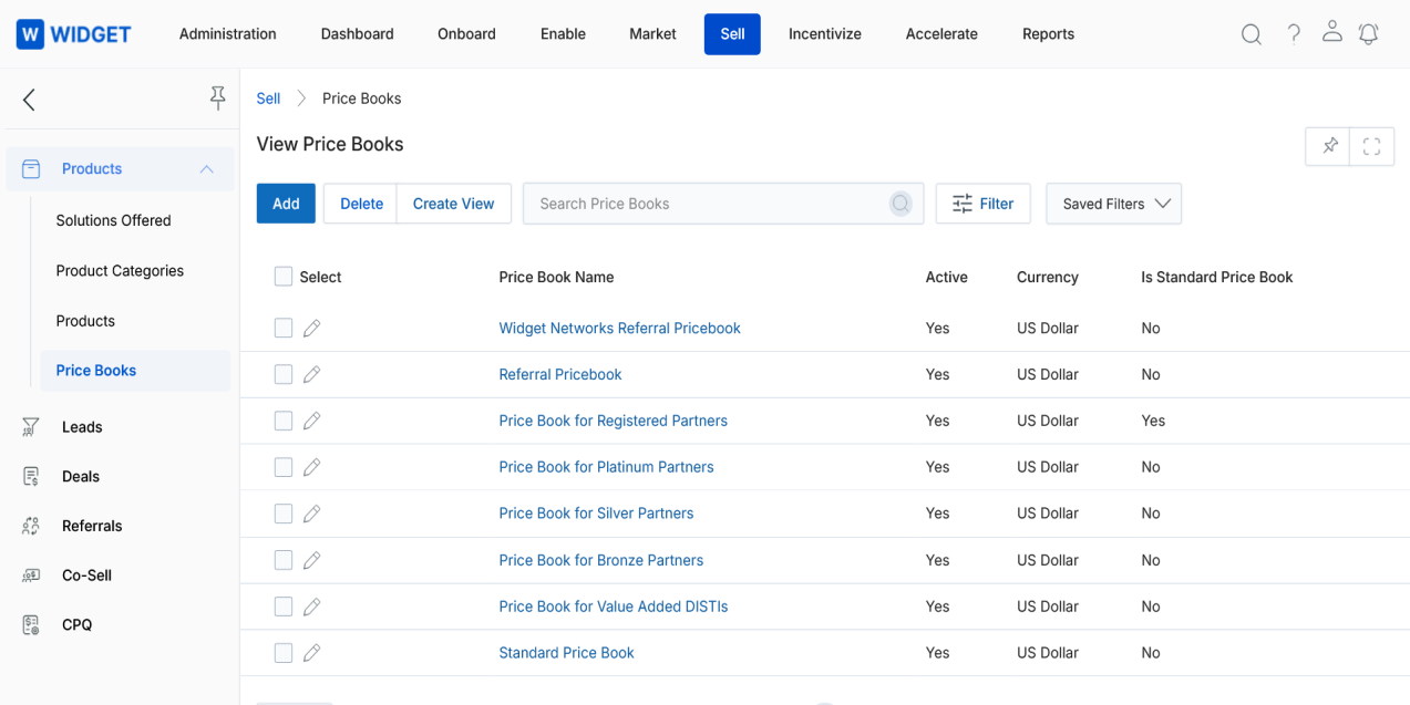 View Price Books — listing with Price Book Name, Active, Currency, Is Standard Price Book columns