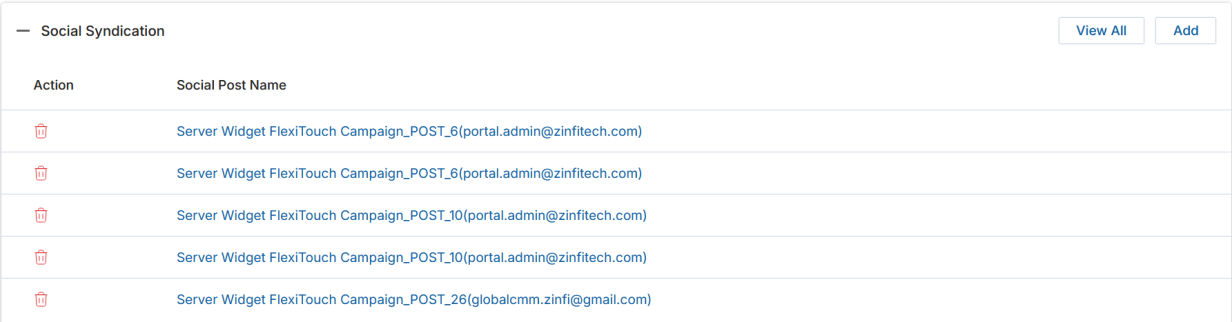 Social Syndication section with View All and Add buttons, showing several Server Widget FlexiTouch Campaign POST rows