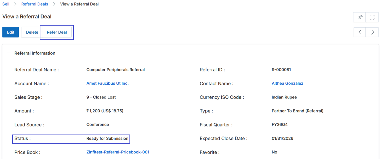 View a Referral Deal page showing Status as 'Ready for Submission' and Refer Deal button in toolbar