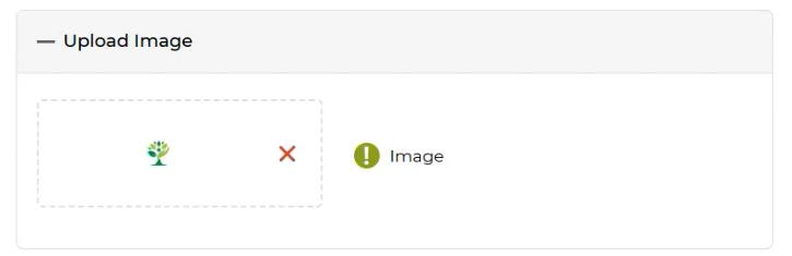 Upload Image section showing selected tree logo with an X remove button and Image label