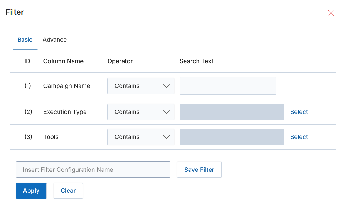 Filter panel with Campaign Name, Execution Type (Single Touch / Multi Touch) and Tools filter rows
