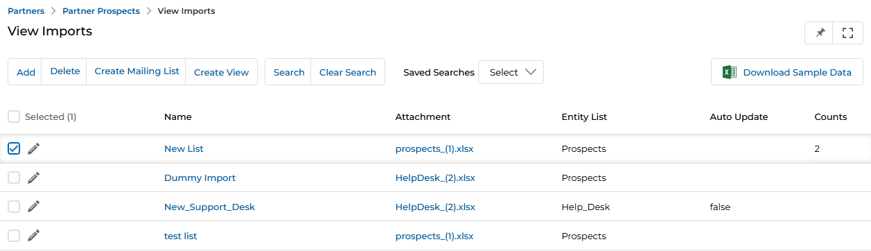 Add/Edit a List page showing Mailing List Information section with List Name (Server Widget Multi-Touch) and Module Name (Prospects) fields and Select module for Import field, with Save and Cancel buttons