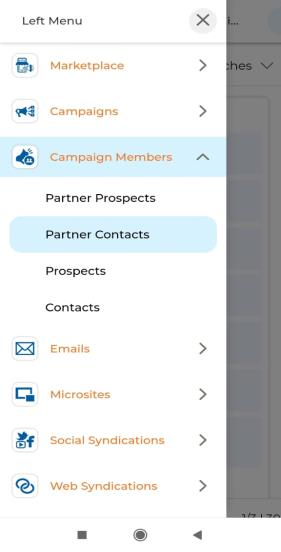 Partner Contacts campaign members sub-menu and View Partner Contact Campaign list showing Campaign, Campaign Type, Contact, Title, Phone, Email, Status