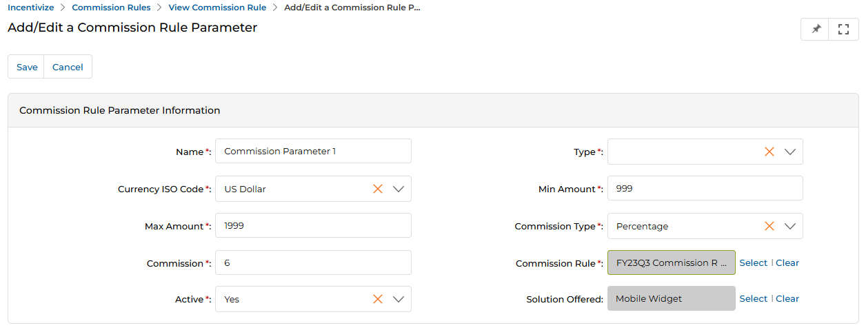 Add/Edit a Commission Rule Parameter form with Name, Type, Currency ISO Code, Min Amount, Max Amount, Commission, Commission Rule, Active, and Solution Offered fields