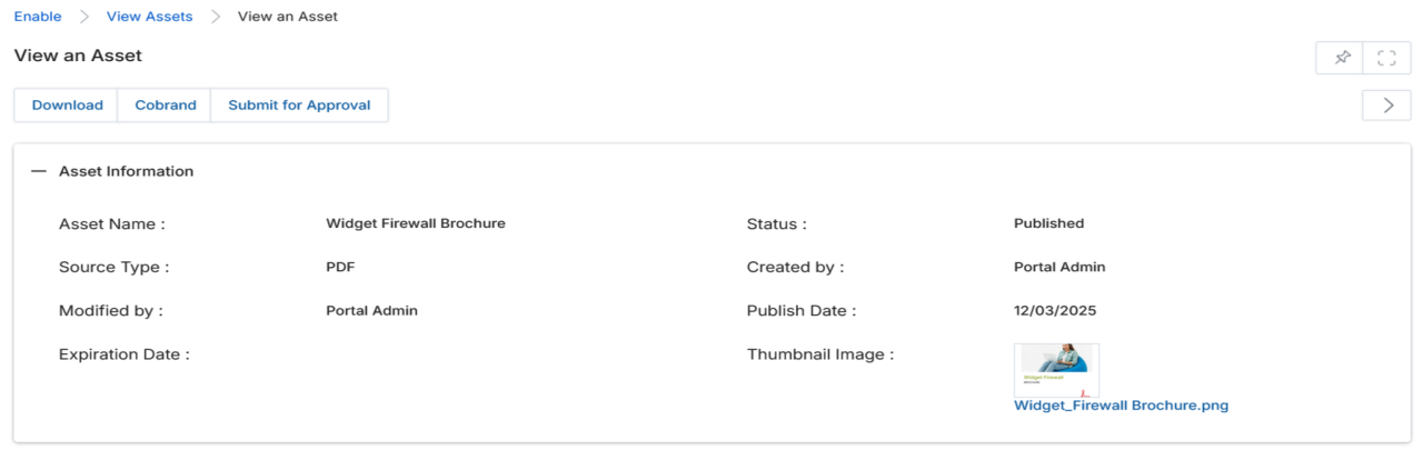 View an Asset page showing Download, Cobrand, Submit for Approval buttons and Asset Information fields