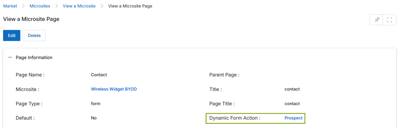 View a Microsite Page — Contact page showing Dynamic Form Action set to Prospect and Page Type set to form