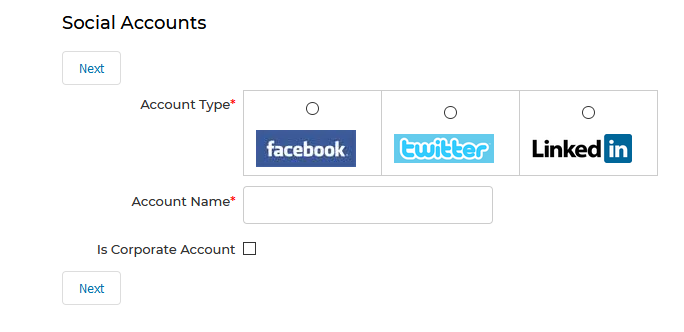 Social Accounts setup form showing Account Type selection (Facebook, Twitter, LinkedIn), Account Name field, and Corporate Account checkbox
