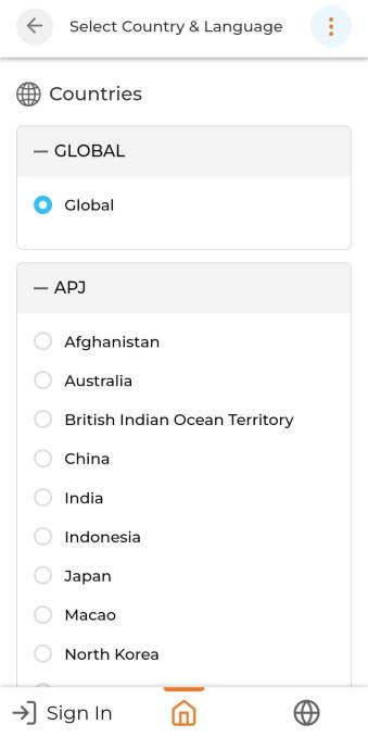 Country and Language selection screens in UPM mobile app