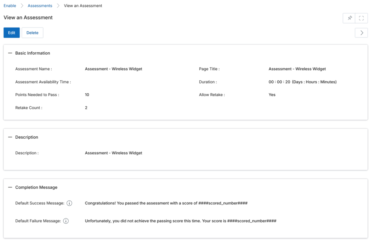 View an Assessment page showing Basic Information with all fields filled in, Description section, and Completion Message section with default success and failure message templates