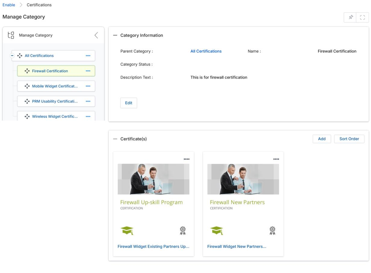 Manage Category page for Certifications showing category tree on the left with Firewall Certification selected and its Category Information on the right, plus Certificate(s) section with Firewall Up-skill Program and Firewall New Partners tiles