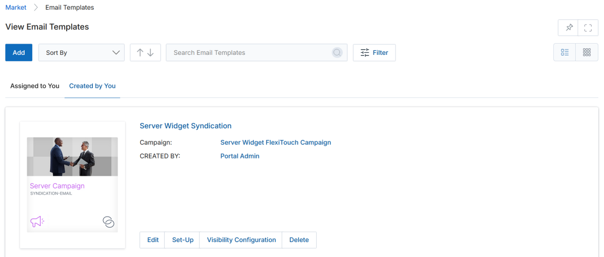 Market navigation with Emails expanded and Email Templates highlighted in the left sidebar