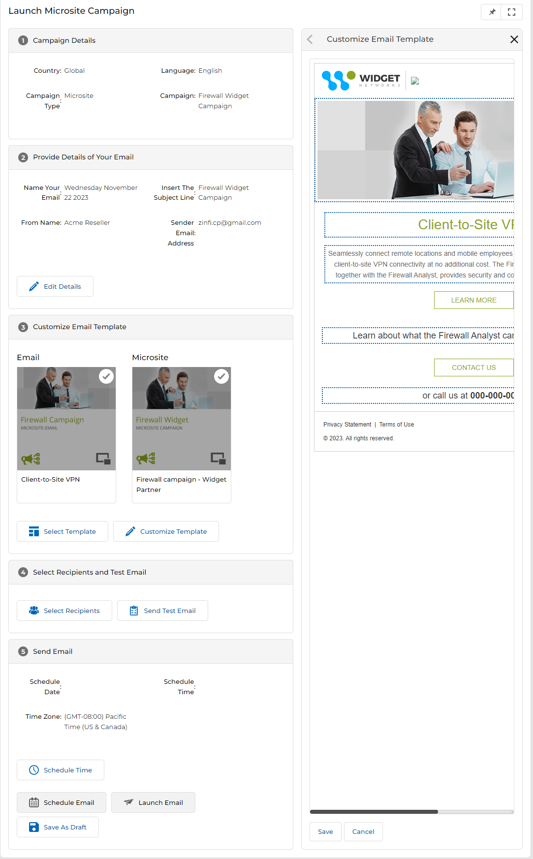 Launch Microsite Campaign page with Customize Email Template panel open on the right, showing an editable email template for Client-to-Site VPN
